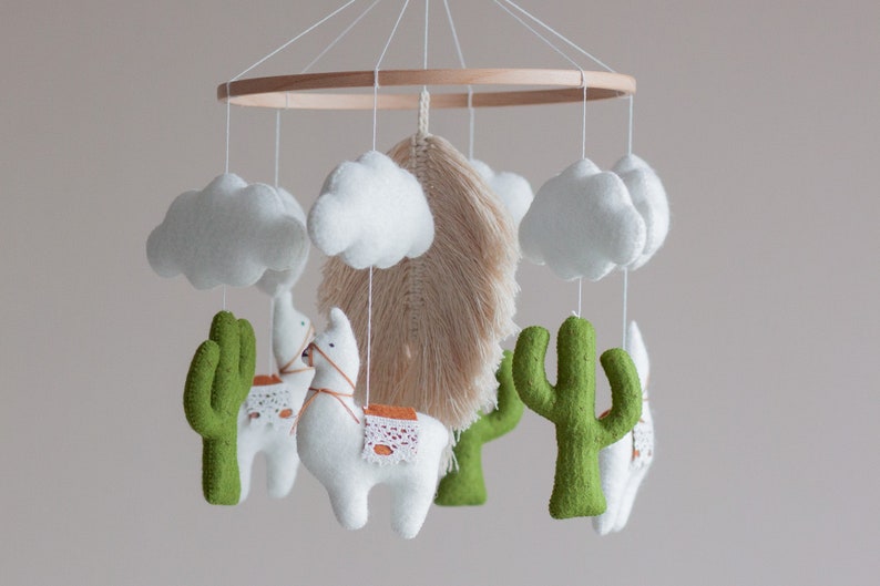 Baby mobile neutral, Boho nursery, Baby crib mobile, Llama Cactus mobile, Baby mobile, Boho mobile, Macrame mobile, Felt mobile image 5