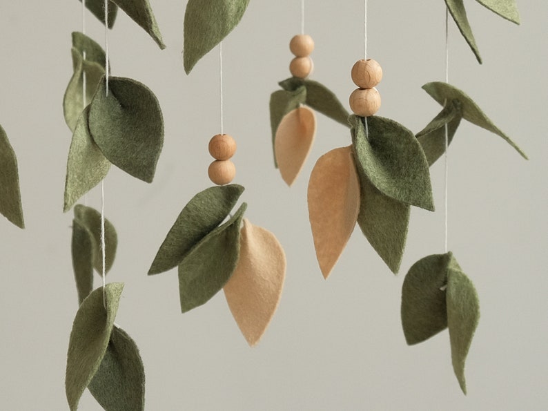 Unique Baby Shower Gift: Woodland Nursery Decor Baby Mobile with Olive Leaves. Create a Serene Nursery with this Forest Baby Mobile - Perfect for a Neutral Nursery Theme.