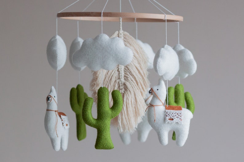 Baby mobile neutral, Boho nursery, Baby crib mobile, Llama Cactus mobile, Baby mobile, Boho mobile, Macrame mobile, Felt mobile image 6