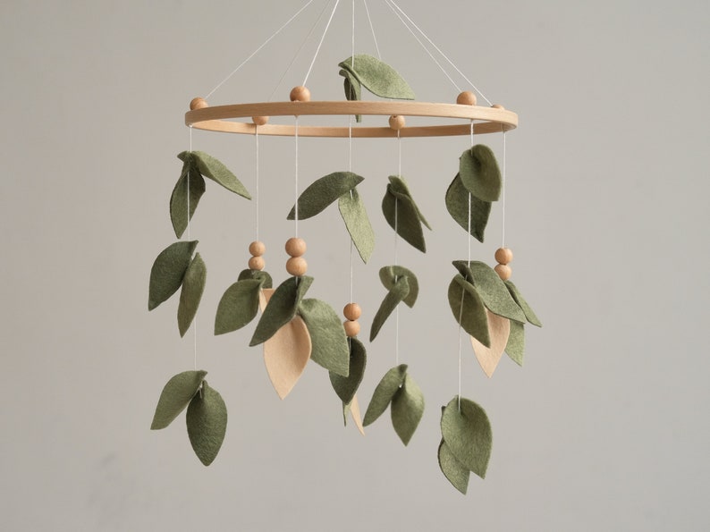 Forest crib mobile, Leaf baby mobile, Minimalist baby crib mobile, Green floral nursery mobile, Hanging mobile, Baby shower gift 画像 8