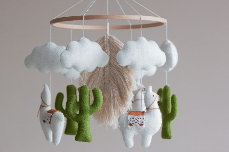 Baby mobile neutral, Boho nursery, Baby crib mobile, Llama Cactus mobile, Baby mobile, Boho mobile, Macrame mobile, Felt mobile Mobile on phote