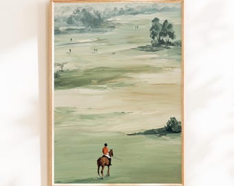 Equestrian Polo Painting Print | Minimalist Horseback Sports Wall Art | Elegant Countryside Landscape Artwork | Country Club Decor