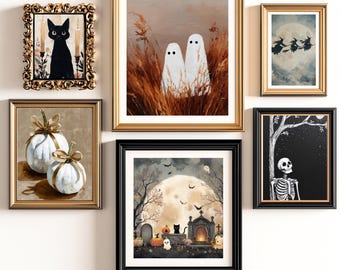 Vintage Halloween Gallery Wall Art Set: Ghost, Pumpkin, Skeleton (Digital Download)