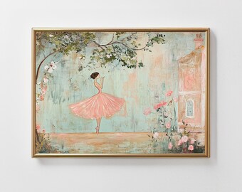 Ballerina Art Print –  Pink Ballet Painting, Romantic Nursery Artwork Panoramic (Digital Download)
