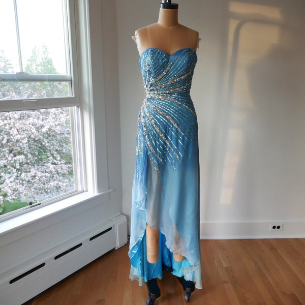 Vintage Y2K Dress 100% Silk Beaded Strapless Blue Ombre Mermaid Dress- Prom Evening Dress- Asymmetrical Hem Dress- Mermaid-Core Sequins