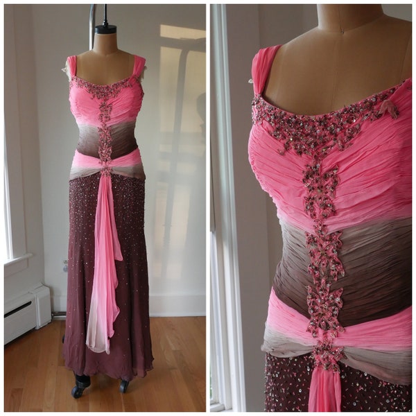 Hand Beaded Silk Gown Y2K Vintage Prom Dress Fairy-Core Pink & Brown Multicolor Dress Large