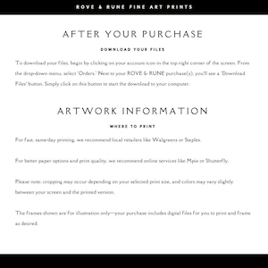 K&ouml;nnte beinhalten: Schwarz-wei&szlig;es Bild mit dem Text &bdquo;ROVE & RUNE FINE ART PRINTS&ldquo;. Der Text enth&auml;lt Anweisungen zum Herunterladen von Dateien nach dem Kauf, einschlie&szlig;lich des Ortes, an dem das Kunstwerk gedruckt werden kann. Es empfiehlt lokale Einzelh&auml;ndler und Online-Dienste.