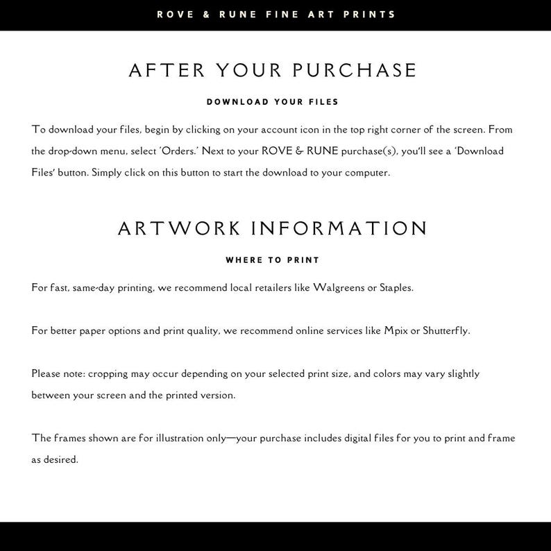 K&ouml;nnte beinhalten: Schwarz-wei&szlig;es Bild mit dem Text &bdquo;ROVE & RUNE FINE ART PRINTS&ldquo;. Der Text enth&auml;lt Anweisungen zum Herunterladen von Dateien nach dem Kauf, einschlie&szlig;lich des Ortes, an dem das Kunstwerk gedruckt werden kann. Es empfiehlt lokale Einzelh&auml;ndler und Online-Dienste.