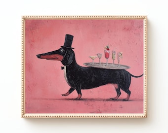 Fantazyjny obraz jamnika | Zabawny pies z koktajlami (pobranie cyfrowe)