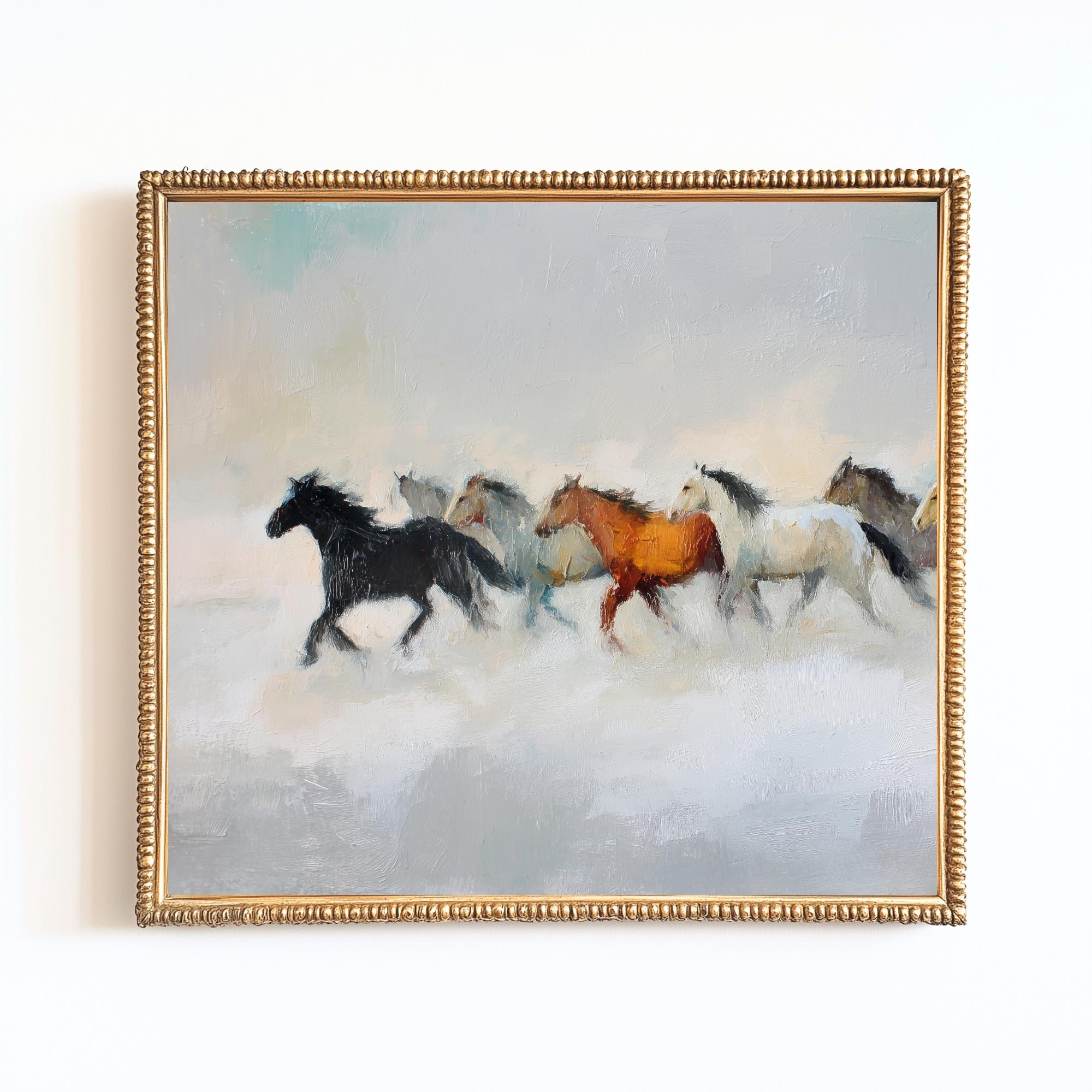 走る野生の馬の絵画：素朴な西部の乗馬アート（デジタルダウンロード