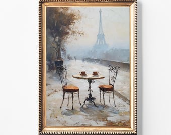 Paris Cafe Art Print | Eiffel Tower, Autumn Fog (Digital Download)