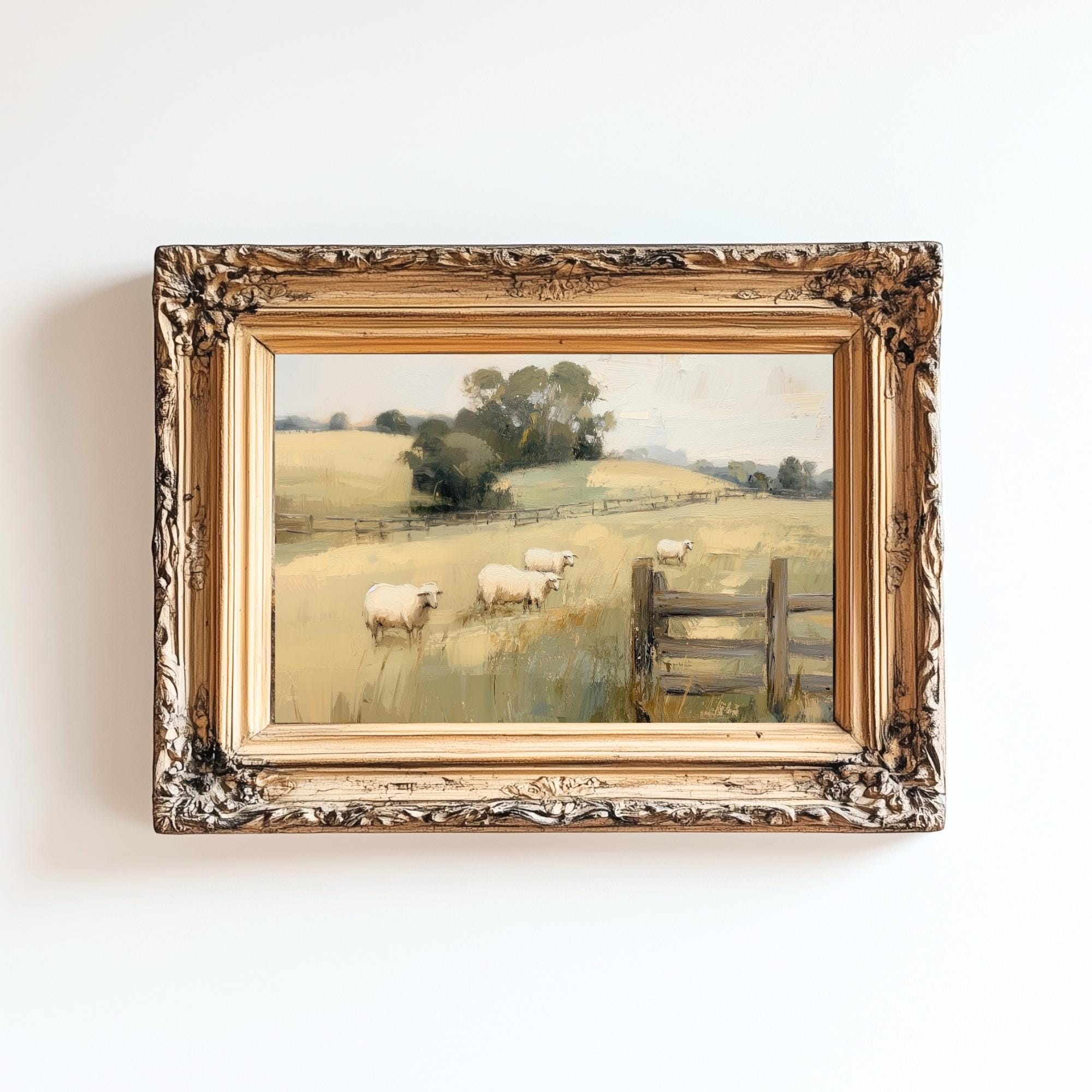 ヴィンテージ羊の絵画：フランスの田舎の田園風景画（デジタル