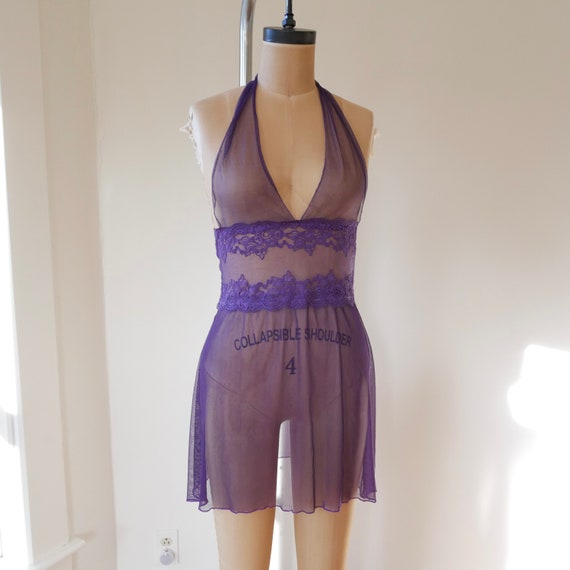 Sheer purple lingerie mesh & lace slip dress halt… - image 1