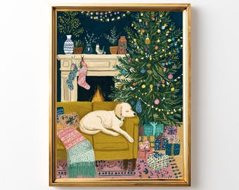 May include: A framed print of a cozy Christmas scene. A golden retriever rests on a yellow sofa near a decorated Christmas tree. A fireplace with stockings hangs above it. Presents are under the tree, and a colorful blanket is draped over the sofa.