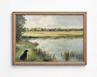 Vintage Black Labrador Pond Landscape Print: Rustic Cottagecore Wall Art (Digital Download)