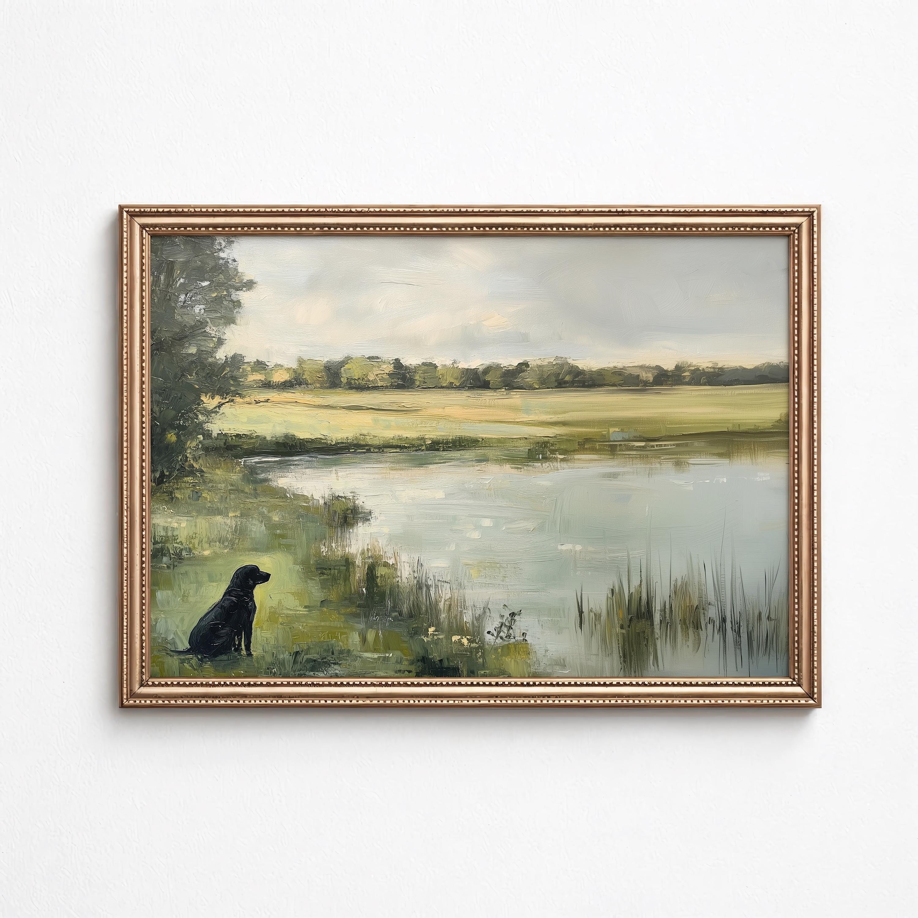 Vintage Black Labrador Pond Landscape Print: Rustic Cottagecore