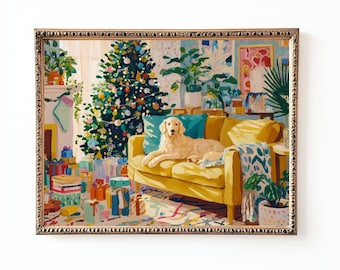 May include: A framed painting depicts a festive living room scene. A golden retriever rests on a yellow sofa with blue pillows. A decorated Christmas tree stands near wrapped gifts. Potted plants and colorful artwork complete the cozy holiday setting.