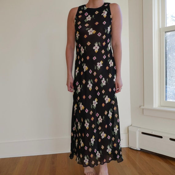 90s sundress vintage black floral sleeveless midi… - image 2