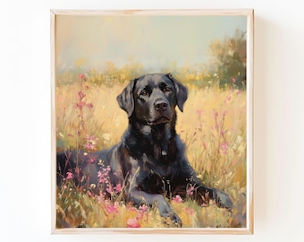 May include: A black Labrador Retriever dog is lying in a field of wildflowers. The dog is looking directly at the viewer with a serious expression. The background is a soft, blurry landscape of green grass and wildflowers.