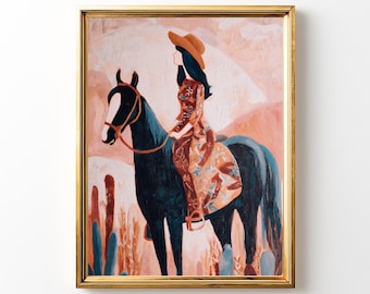 Cowgirl Horseback Riding Art Print: Western Farmhouse Decor (Digital Download