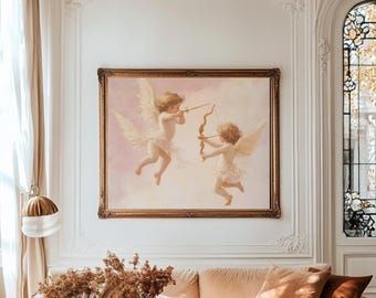 天使のキューピッドのプリント：キューピッドのロココ調絵画、ピンクの