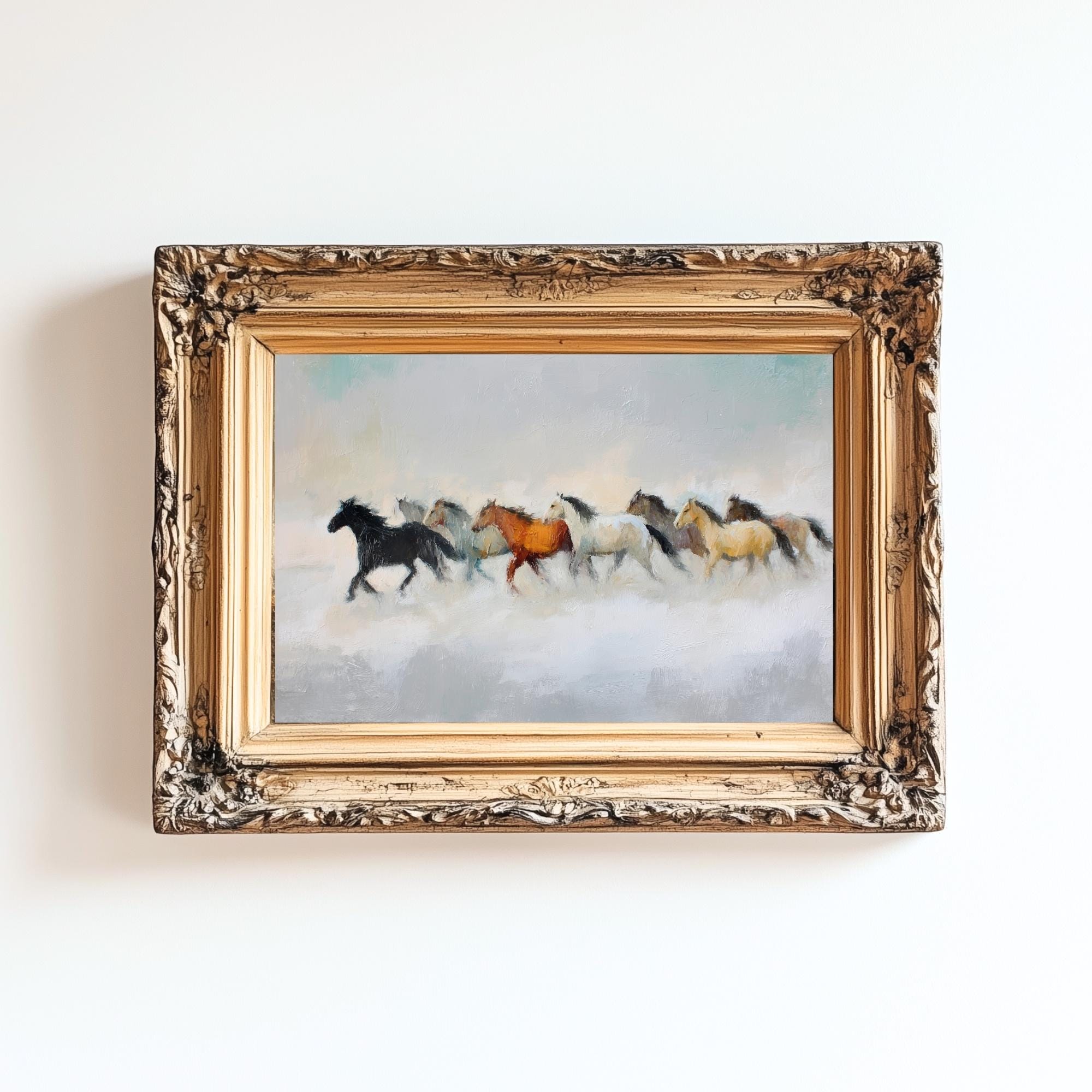 走る野生の馬の絵画：素朴な西部の乗馬アート（デジタルダウンロード