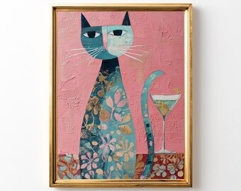 Whimsical Floral Cat Martini Art Print: Playful Bar Cart Decor (Digital Download)