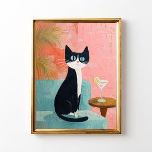 猫好きのためのウォールアート | レトロなマティーニ猫プリント | 彼女へのギフト | ピンク＆ティールカクテルアート | ミッドセンチュリーモダンインテリア | デジタルダウンロード