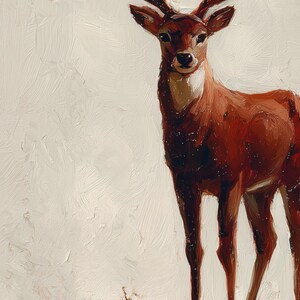 May include: A painting of a deer with large antlers, rendered in shades of brown and red. The deer stands against a textured white background, with visible brushstrokes. The artwork evokes a sense of nature and wildlife.