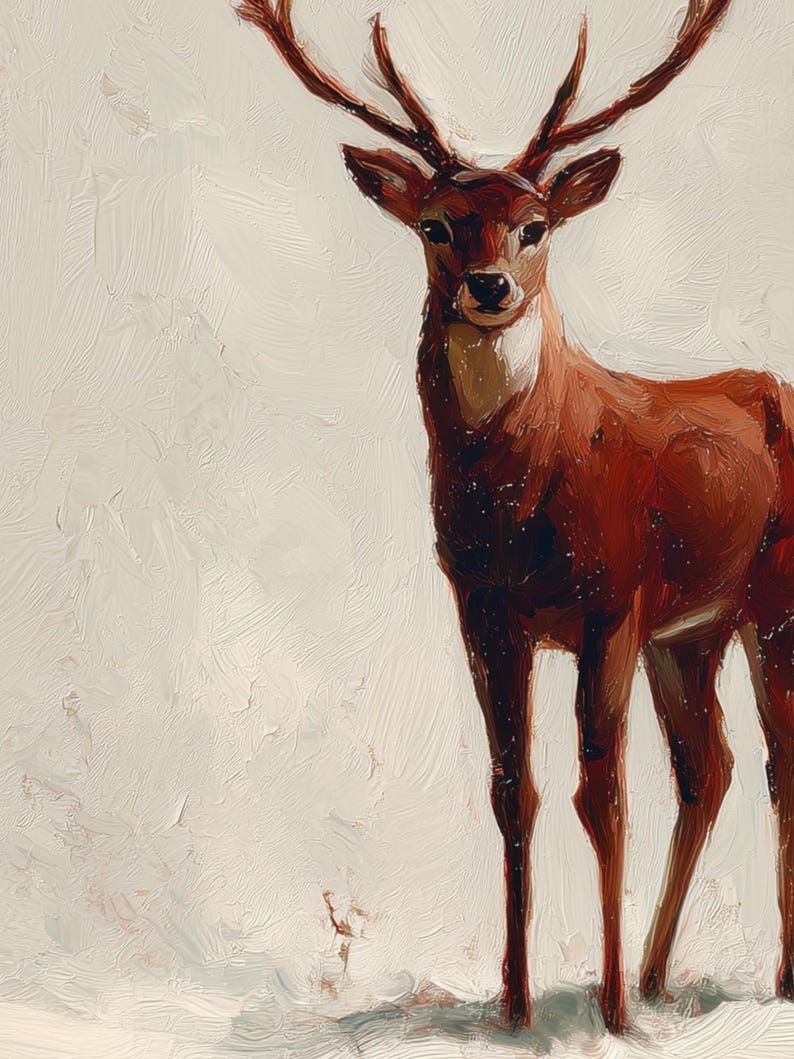 May include: A painting of a deer with large antlers, rendered in shades of brown and red. The deer stands against a textured white background, with visible brushstrokes. The artwork evokes a sense of nature and wildlife.