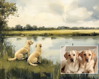 Custom Dog Portrait: Painterly Pet Memorial Art in Serene Scene (Digital Download