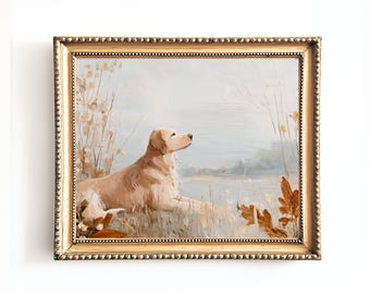 Vintage Golden Retriever Painting: Rustic Countryside Dog Art (Digital Download