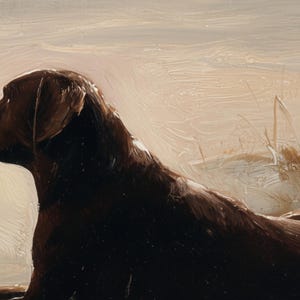 K&ouml;nnte beinhalten: &Ouml;lgem&auml;lde eines schokoladenfarbenen Labrador Retrievers, der in einem Feld liegt. Das dunkelbraune Fell des Hundes steht im Kontrast zum hellbeige- und tanfarbenen Hintergrund. Das Kunstwerk hat einen weichen, impressionistischen Stil.