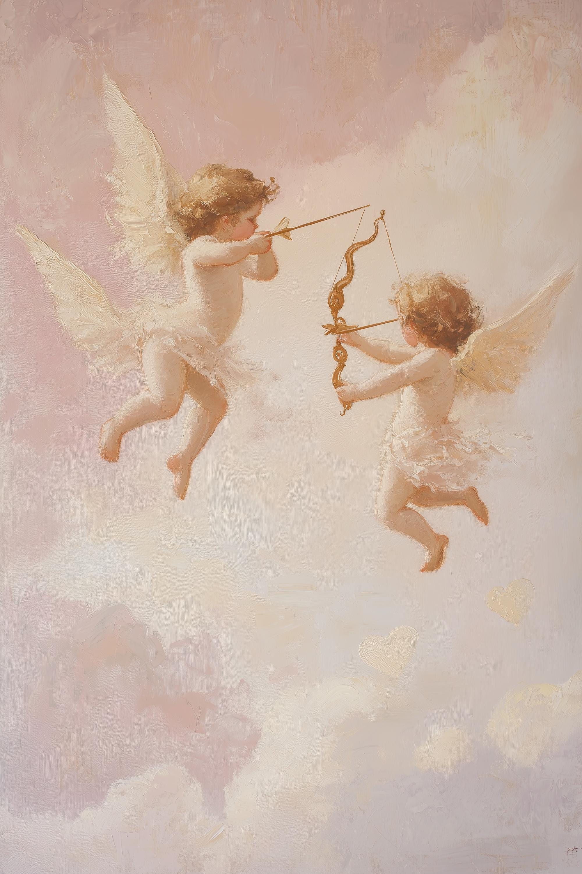 天使のキューピッドのプリント：キューピッドのロココ調絵画、ピンクの