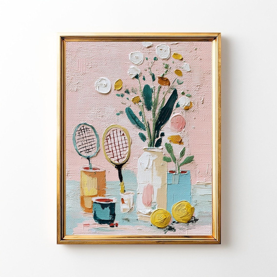 テニス静物画アートプリント：花柄ラケットの絵画（デジタル