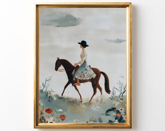 Vintage Cowgirl Print: Folk Equestrian Art, Feminine Western Decor (Digital Download)