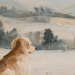 May include: Oil painting of a Golden Retriever dog, rendered in warm beige tones, gazing towards a misty landscape. The background features soft, muted blues and grays, suggesting a serene outdoor scene with trees and clouds. The artwork evokes a sense of calm.