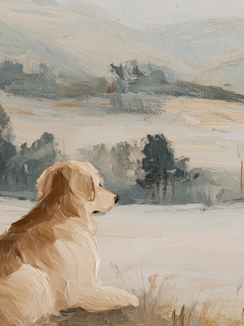 May include: Oil painting of a Golden Retriever dog, rendered in warm beige tones, gazing towards a misty landscape. The background features soft, muted blues and grays, suggesting a serene outdoor scene with trees and clouds. The artwork evokes a sense of calm.