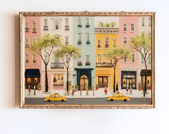 Pastel City Street Wall Art – Colorful European Town Illustration (Digital Print)