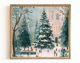 Snowy Christmas Village Art Print | Town Square Illustration (Instant Download)