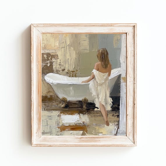 Vintage Woman in Bathtub Art Print: Neutral Tone Bathroom Decor (Digital Download)