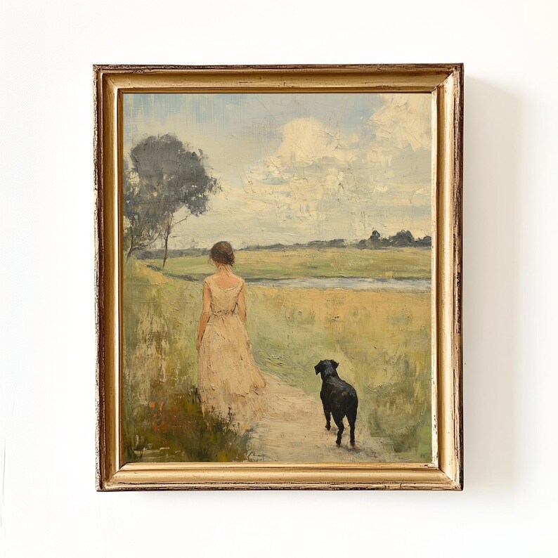 May include: A painting of a woman in a white dress walking with a black dog on a path through a field. The sky is blue with white clouds.