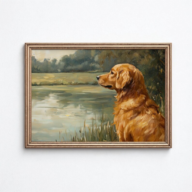 Golden Retriever Portrait Wall Art – Serene Dog Lake Painting Print ...