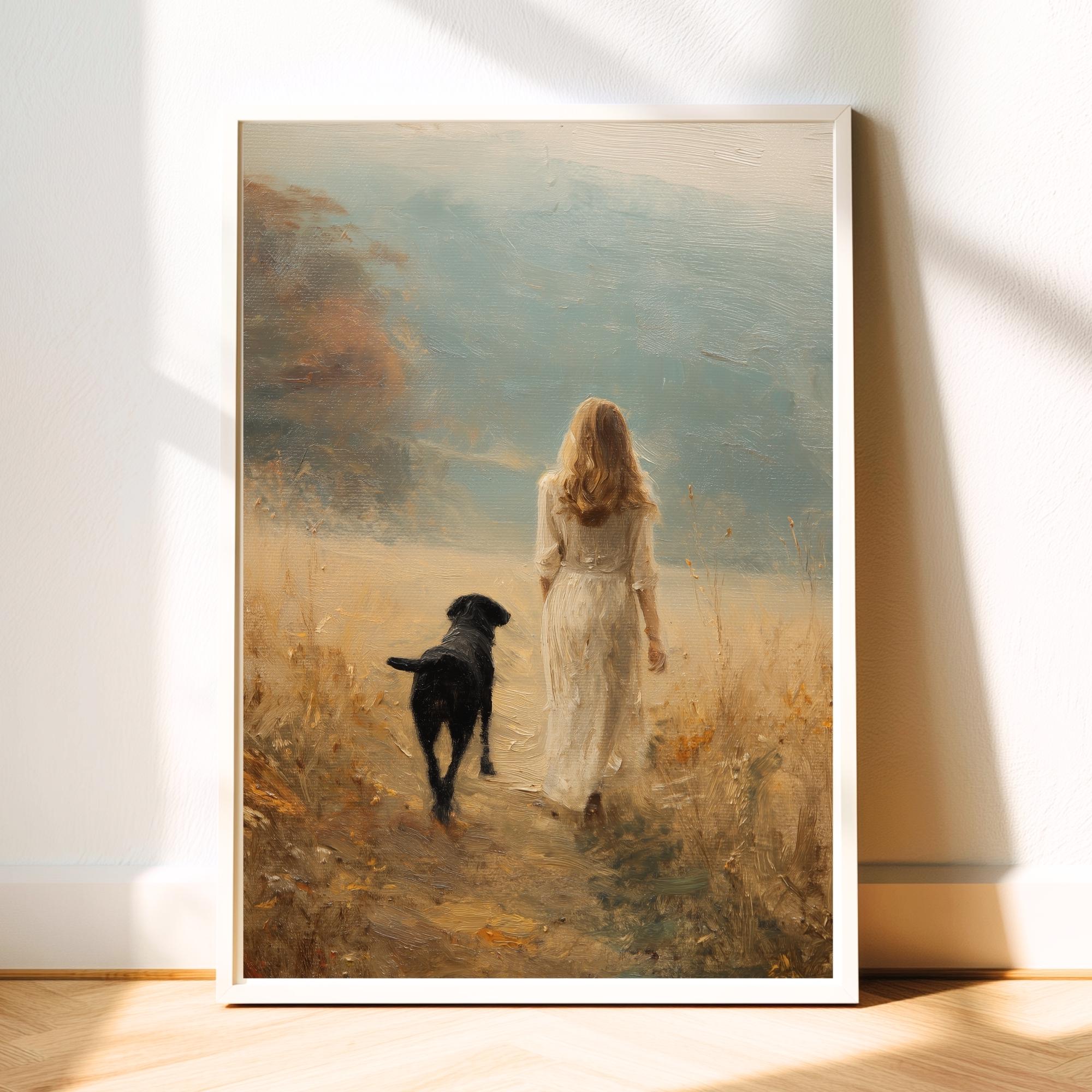 少女と犬の田舎散歩アートプリント｜ロマンティックな風景油絵｜ソフト