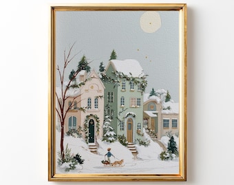 Winter Village Painting | Snowy Christmas Town Art (Digital Download)