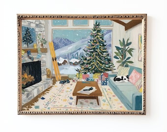 May include: A framed painting depicts a cozy living room scene. A decorated Christmas tree sits near a large window overlooking a snowy mountain landscape. A fireplace, skis, and a sofa with a cat complete the holiday setting.