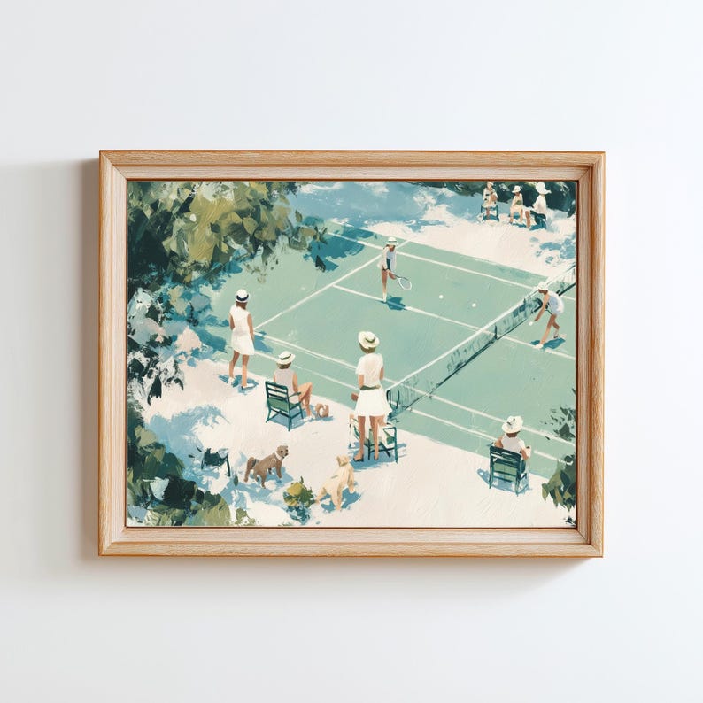 May include: A framed print depicts a tennis match scene. The artwork features figures in white tennis attire, playing on a green court. Spectators in hats and dogs are also present. The artwork is set in a light-filled outdoor setting.