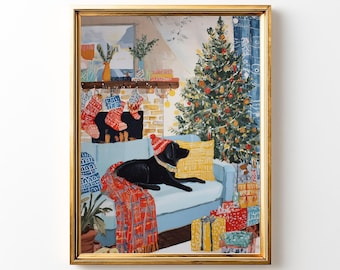 May include: A framed painting depicts a cozy Christmas scene. A black dog wearing a red and white hat rests on a blue sofa with a red plaid blanket. A decorated Christmas tree, fireplace with stockings, and wrapped gifts complete the festive setting.