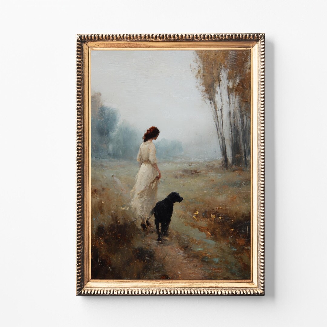 Vintage Countryside Woman & Dog Art Print | Romantic Oil Painting ...