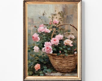 Vintage Rose Basket Wall Art | Pink Floral Oil Painting | Romantic Cottagecore Decor | Digital Download